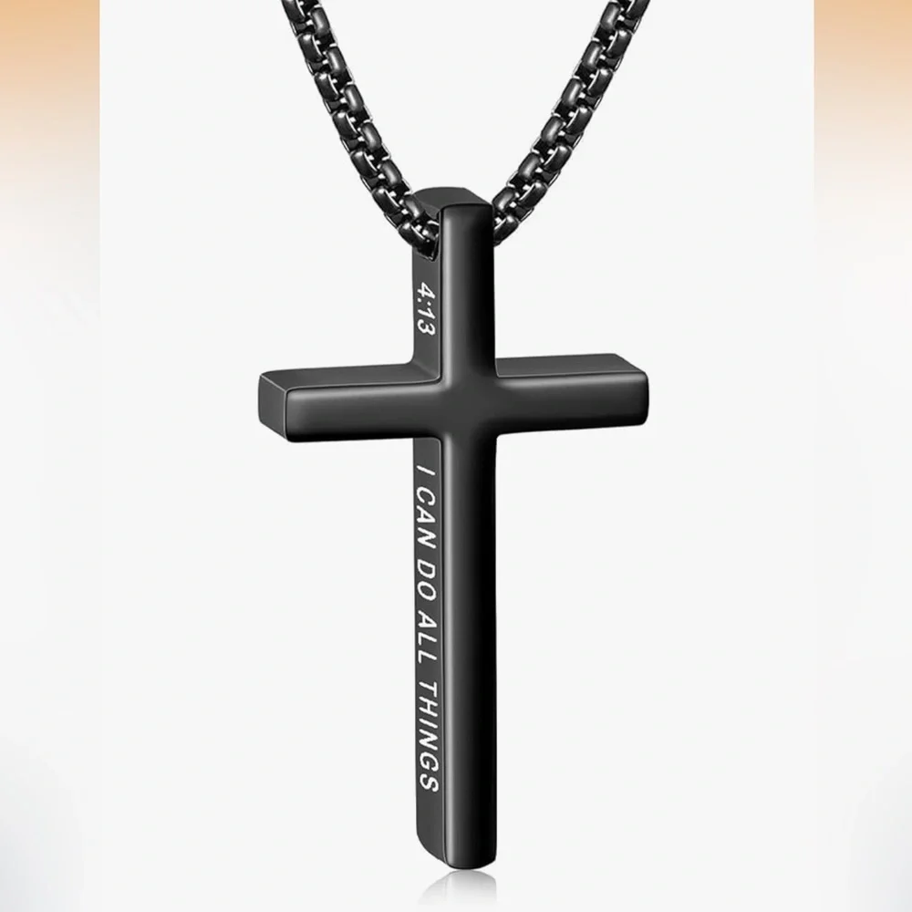 NEW Black Stainless Steel Cross Necklace Bible Verse 4:13 Box Chain Adjustable
